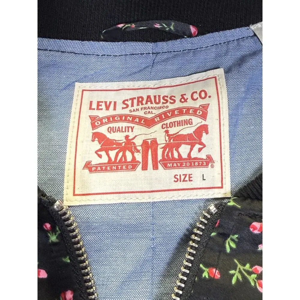 Levi’s Women’s Bomber Jacket Sz L Satin Rosebud Black Pink Chambray Lining - Picture 4 of 11